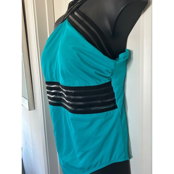 Crisscross Halter Teal One-Piece Swimsuit With Black Stripes & Back Clasp Closur - Picture 4 of 12